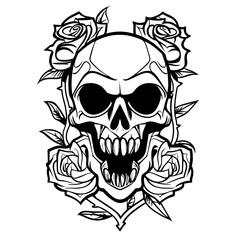 An intricately designed black and white vector illustration featuring a menacing skull intertwined with roses,