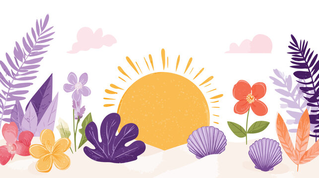Illustration of a vibrant sun with rays various purple foliage colorful flowers and seashells on a light ground - Powered by Adobe