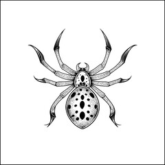 A bold monochrome spider tattoo design with intricate tribal and geometric patterns,