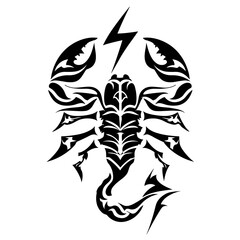 A bold black and white vector illustration of a tribal scorpion with intricate lightning design,