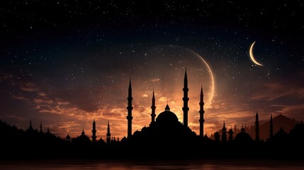 Silhouette of mosque against starry night sky