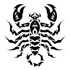 Symmetrical black and white tattoo design featuring a stylized scorpion with bold tribal elements, geometric precision,