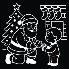 Santa Claus Giving Gift to Child Near Christmas Tree Vector Illustration