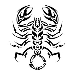 High contrast black scorpion tattoo design in tribal style, featuring bold symmetric patterns, monochrome art,