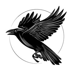 A bold black and white crow stencil tattoo design featuring tribal line art, minimalistic style,