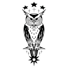 A monochrome vector illustration of an owl with bold tribal patterns on its chest and wings,