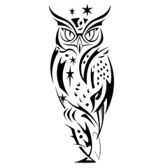 A bold tribal style owl vector illustration with intricate detailing, featuring symmetrical line art,