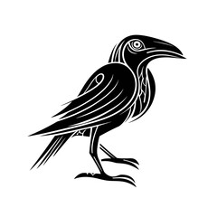 A bold tribal bird design in black and white, featuring geometric patterns and organic lines,