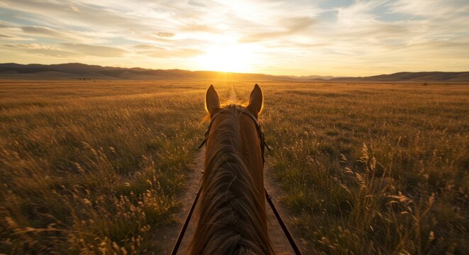 Riding into the Sunset: Horseback Adventure in Golden Field - Powered by Adobe