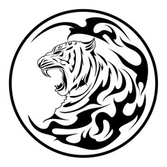 A bold black and white tattoo design featuring a roaring tiger's head within a circular pattern,