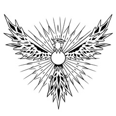 A black and white tribal tattoo vector featuring symmetrical wings, sharp angular lines, and flame-like elements,
