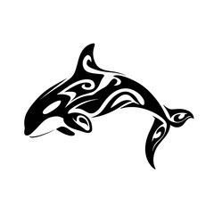 Minimalist black and white tattoo design featuring an orca whale with intricate tribal patterns woven into its bone stru