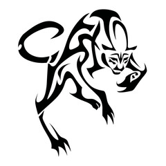 A black and white vector illustration of an aggressive panther in tribal design with bold lines, muscular form,