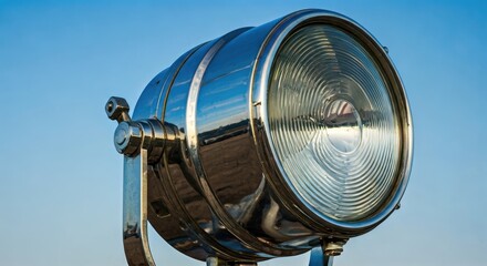 Close-up of a polished chrome spotlight against a clear blue sky