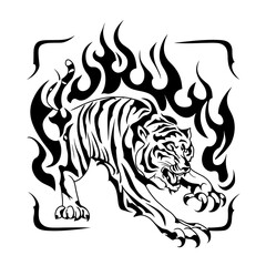 Bold tiger tattoo design featuring tribal geometric patterns, fierce expression, stylized flames,