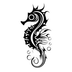 A monochrome seahorse with tribal elements features a balanced symmetrical pattern conveying bold edgy emotion suitable 