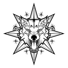 A fierce wolf head with sharp teeth and intense eyes is centered within a wild twelve-pointed star pattern,