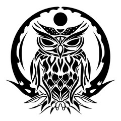 Fototapeta premium A black and white vector illustration of an owl with tribal tattoo elements, intricate line work, elaborate patterns,