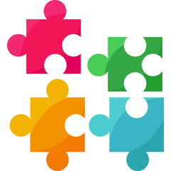 Four Colorful Puzzle Pieces Interconnected Representing Teamwork and Problem Solving in a Clean and Simple Design with a Transparent Background