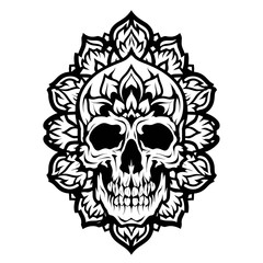 A detailed skull combines with intricate mandala patterns in this bold black and white tribal tattoo design,