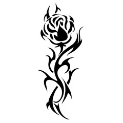 A black and white tattoo design features a stylized rose with tribal elements,