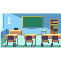 Empty Classroom with Desks Chairs Green Chalkboard and Bookshelf in Bright Natural Light