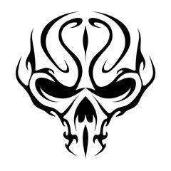 A black and white vector illustration of a stylized symmetrical tribal tattoo design featuring a skull with bold outline