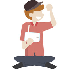 Excited Young Man Wearing Red Shirt and Baseball Cap Holding White Device Celebrating Victory Sitting Cross Legged on Transparent Background