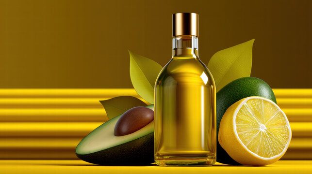Avocado oil and lemon for diabetes nutrition and longevity with fresh fruit and green leaves on yellow background - Powered by Adobe