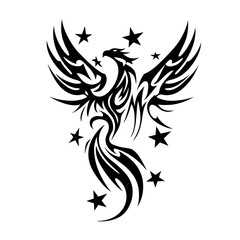 Naklejka premium A monochromatic tribal phoenix tattoo design with symmetrical stars, bold line art, vintage aesthetic,