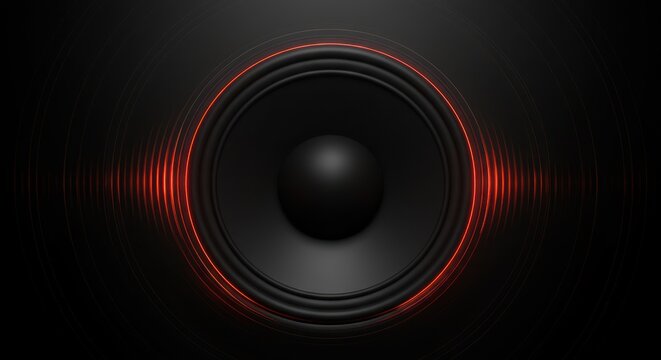 Powerful Audio Speaker with Red Sound Wave Visualizer on Black Background