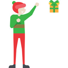 Festive Character in Green Sweater Red Hat and Pants Reaching for a Yellow Gift Box with Green Ribbon on a White Background