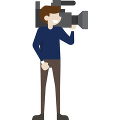 Flat Design Cameraman Holding Professional Video Camera Ready to Film Isolated on White Background Full Body View Casual Attire