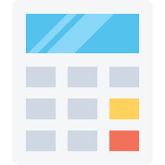 Fototapeta premium Flat Design Icon of a Calculator with a Blue Screen and Gray Buttons Featuring a Yellow and Red Button on a Transparent Background