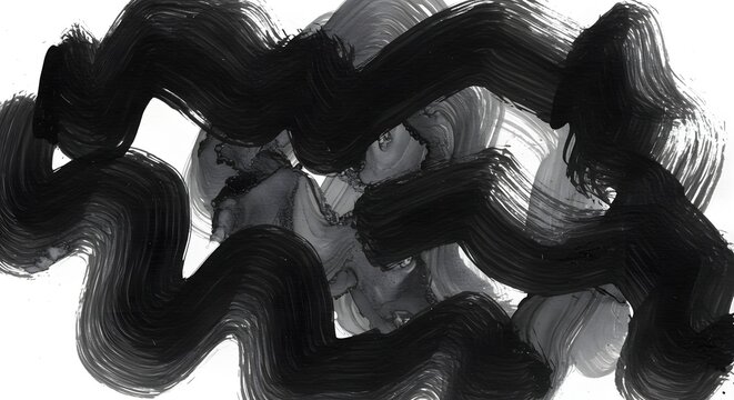 Abstract black brushstrokes on a white background, resembling waves or clouds, with gray undertones - Powered by Adobe