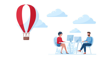 Red hot air balloon on left two people working on computers at a table on right with clouds