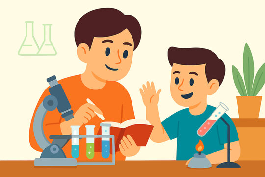 Father and son doing science experiment together at home.