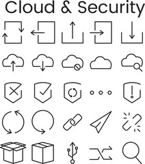 A collection of thin line icons representing cloud computing and digital security concepts like data transfer, protection, and storage.