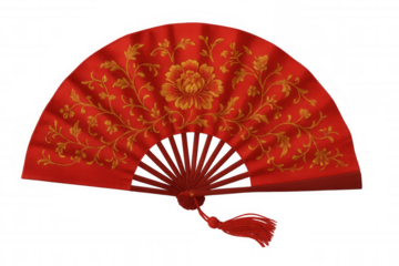 Hand fan with red fabric and gold embroidery, featuring a traditional peony flower design and decorative tassel
