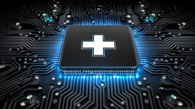 Healthcare shield on circuit board with glowing video effect symbolizes digital protection and security in medical technology innovation