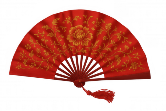 Hand fan with red fabric and gold embroidery, featuring a traditional peony flower design and decorative tassel