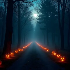 Dark Forest Path with Glowing Lanterns and Carved Pumpkins under Full Moon — Cinematic Spooky Halloween Scene with Fog