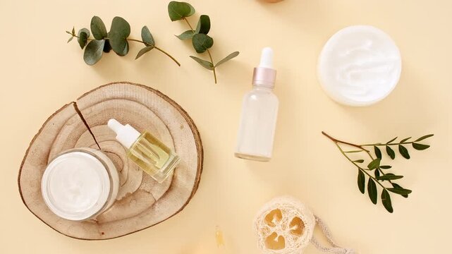 Glass cosmetic bottles with pipette for serum, extract, aromatic, essential oil and emulsion. Cosmetics skincare. Cosmetic spa. Sample of packaging for design, beauty product, advertising. 4k