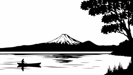 Serene mountain lake escape with lone rower enjoying tranquil nature in silhouette design