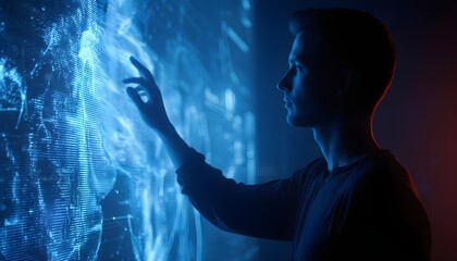 Technological Interaction: A silhouette of a man engaging with a futuristic, glowing interface, exploring the possibilities of the digital world.
