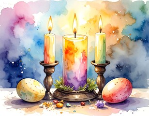 Watercolor image with burning candles and Easter eggs