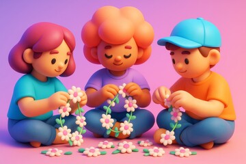 Obraz premium Children making flower garlands together in soft colorful cartoon style on pink background representing friendship and cultural bonding concept. Ai generative