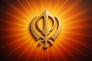 Golden Khanda symbol with radiant orange light background in abstract spiritual design style expressing Sikhism and divine energy concept. Ai generative