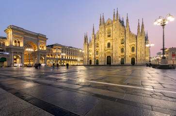 Duomo square and Milan Cathedral at sunrise, Italy