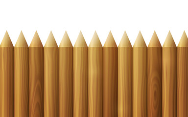 Sharp log fence, wooden stockade for village or farm isolated on white background. Country wood fence with brown stakes, vector illustration